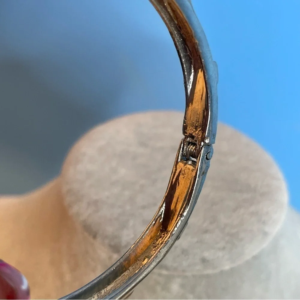 Hinged silver tone bangle bracelet with dog collar spikes and clear glass - Picture 6 of 6